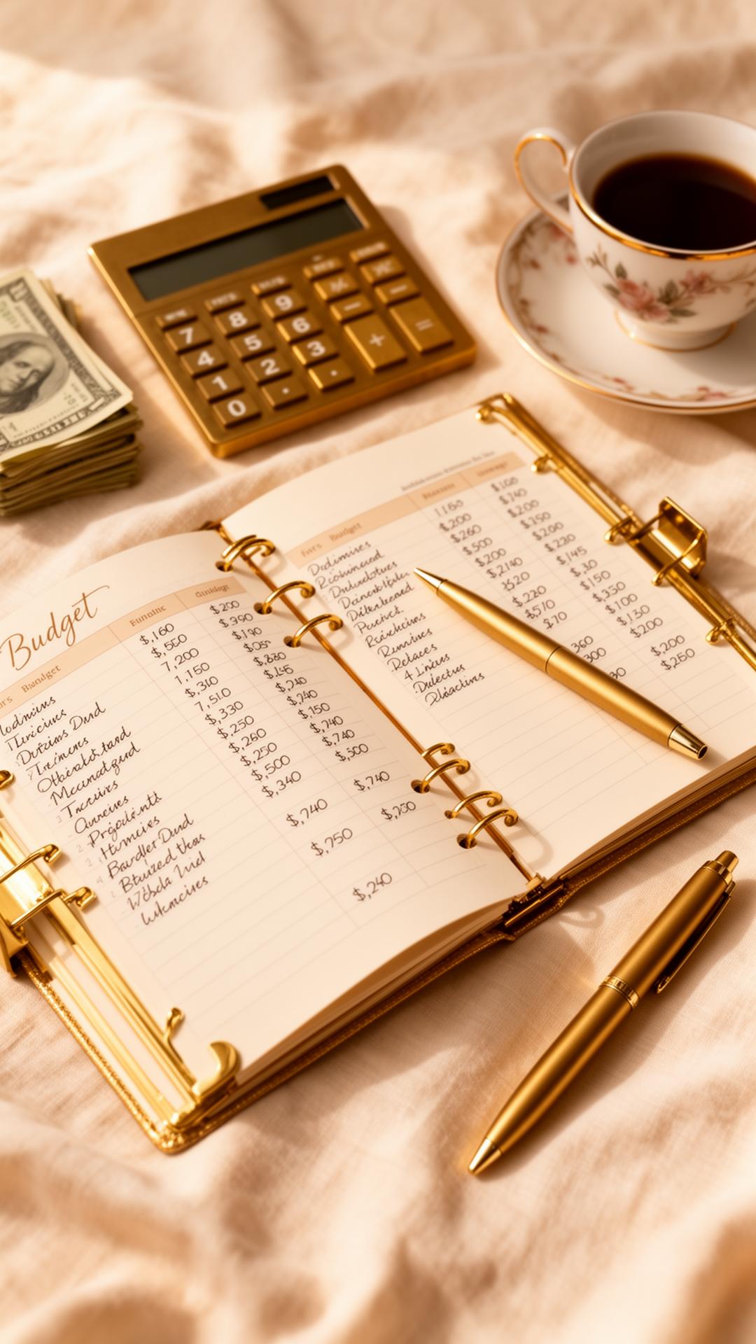 An open gold-bound budget journal with handwritten figures, calculator, and coffee