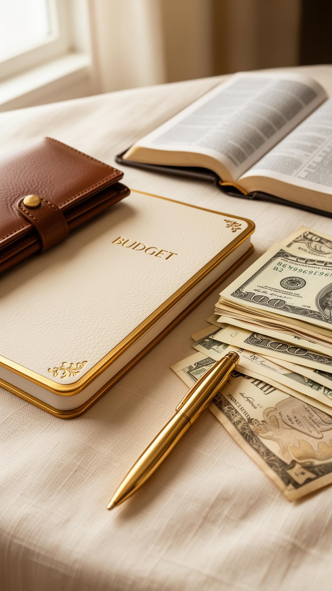 A gold-edged budget journal with fanned banknotes, leather wallet, and gold pen