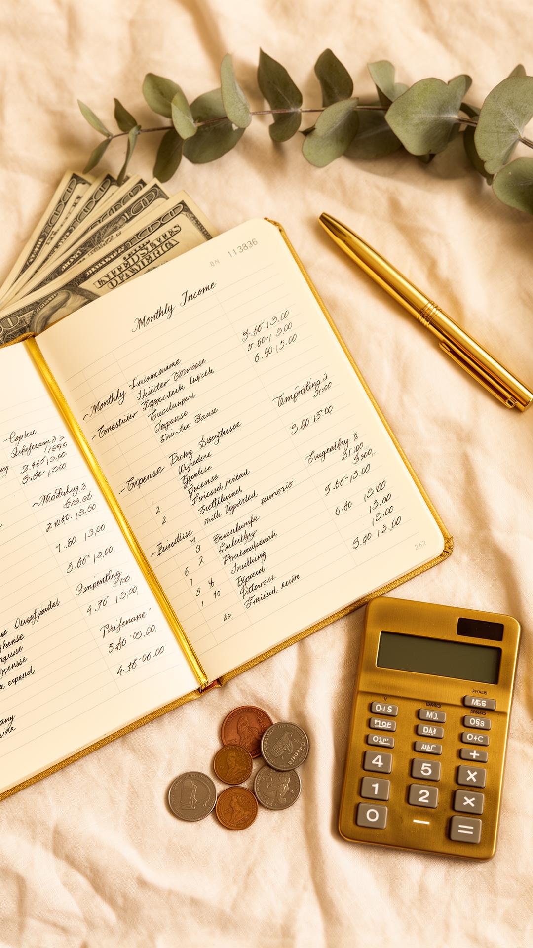 Overhead flat lay of a budget journal with monthly income, calculator, and coins
